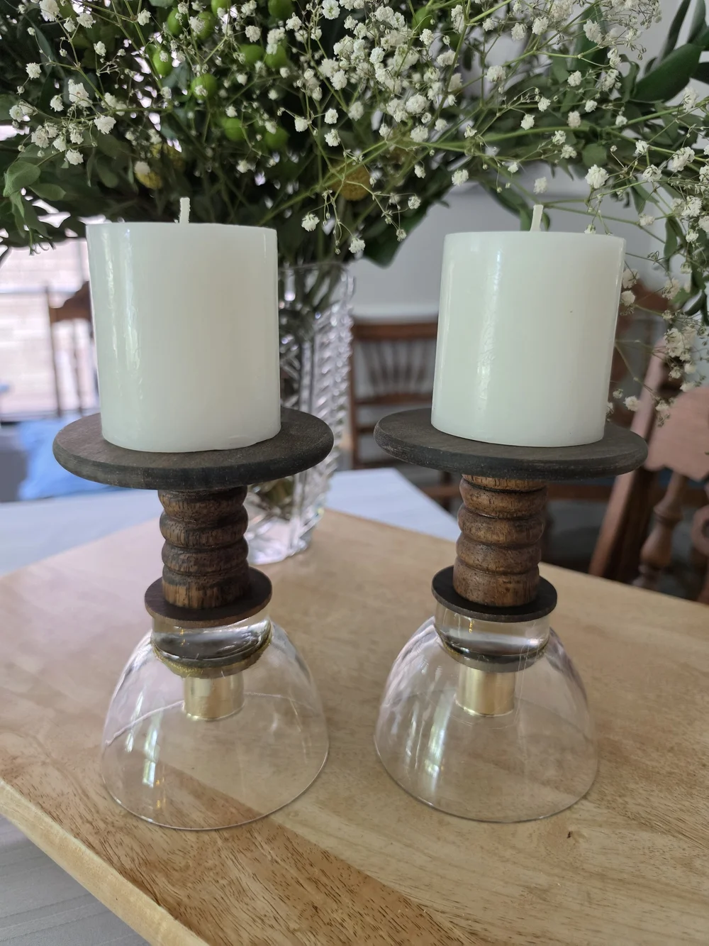 VNTG Swedish MCM candlestick holders Turned wood Glass bobeches Brass inserts